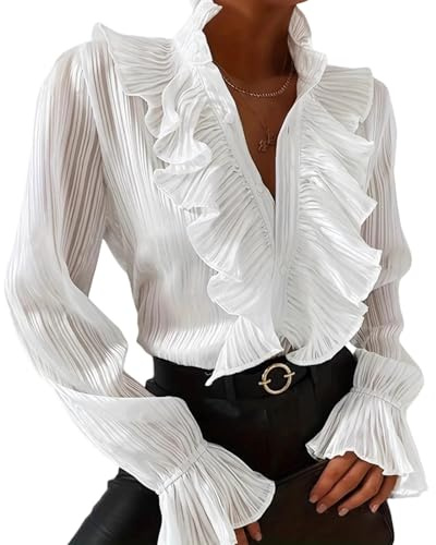 Dam vintage långärmad blus, krås hals knapp ner uppklädd business vardaglig viktoriansk blus vit retro lösa skjortor, Vitt, M