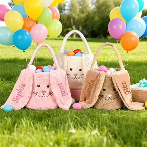 Personalised Easter Bunny Basket Embroidered Name Handle Egg Hunt Decor | Soft Fluffy Plush Fabric, Spacious Interior, Reinforced Seams, Lightweight Portable, Multiple Color Options