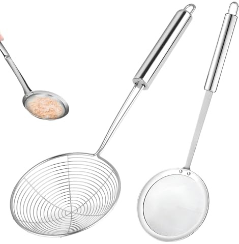 Ferizzia 2 Stück Schaumlöffel, Schaumkelle Edelstahl, Küchensieb Fein | 12cm, 14cm, Professionelle Küchenutensilien, Löffel Filter Set für Fett, Schaum, Rückstände und Obst, ÖL