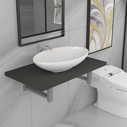 Tonture Set di 2 mobili da bagno in ceramica grigia con mensola da parete e lavabo ovale, materiale in legno e telaio in metallo, 60 x 40 x 16,3 cm, montaggio a parete, spazio per bagno e WC degli