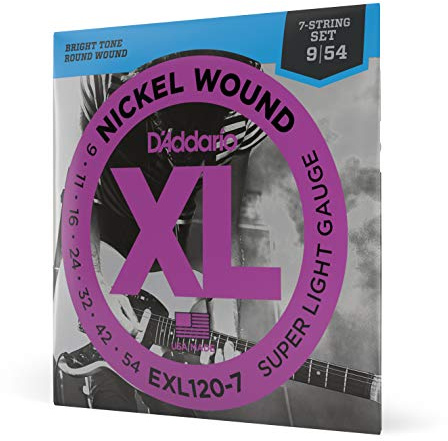 D'Addario Gitarrsträngar - XL Nickel Elgitarrsträngar - EXL120-7 - Perfekt intonation, jämn känsla, pålitlig hållbarhet - För 7-strängade gitarrer - 09-54 Super Light 7-String