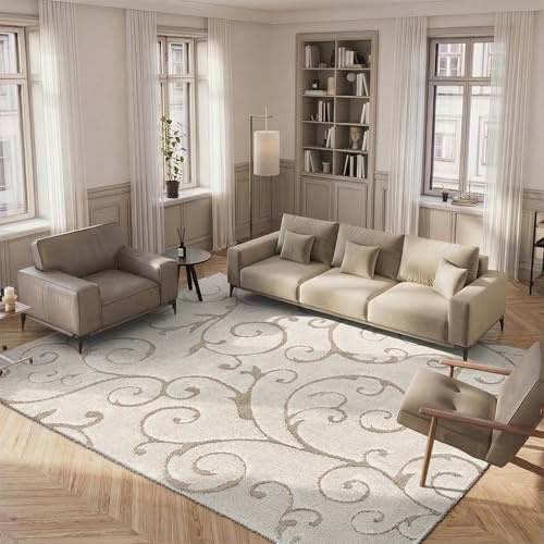 SAFAVIEH Florida Shag Collection Area Rug - 5'3 x 7'6, Cream & Beige, Scroll Design, Non-Shedding & Easy to Clean, High-Low Plush Pile, Ideal for Living Room, Bedroom, Dining Space (SG455-1113)