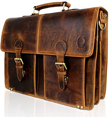 Corno d´Oro Premium Laptoptasche Leder für 15.6 Zoll Laptop I Handgefertigte Umhängetasche Herren Groß Echt Leder I Business Aktentasche Damen für Notebook Tasche Braun