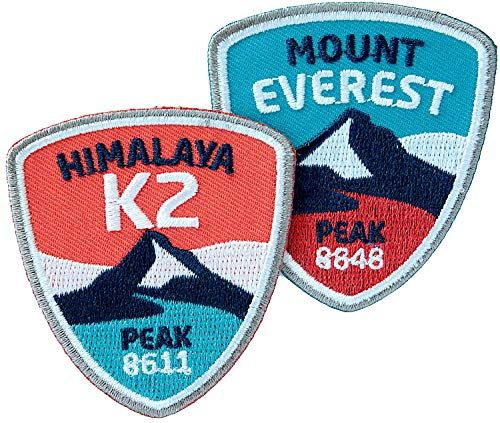 2er-Set Abzeichen 55 x 60 mm gestickt/Mount Everest & K2 Himalaya/Bergsteigen Bergwandern Klettern/Aufnäher Aufbügler Flicken Sticker Patch/Reiseführer Tourenkarte Klettersteig Karte Kompass