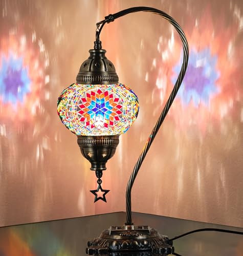 DEMMEX Lampada turca autentica, prodotta in Turchia, lampada da comodino con mosaico turco marocchino, 100% artigianale, corpo in metallo color ottone anticato e base in metallo decorata, 38,1 cm