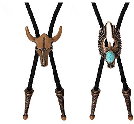 OTOTEC Bolo-Krawatten-Set, Messing/Kupfer/Silber, 99,1 cm, Lederseil, Kuh-Totenkopf und Adler, eingelegtes Türkis-Design, Western-Rodeo-Motiv, 2 Stück kupfer