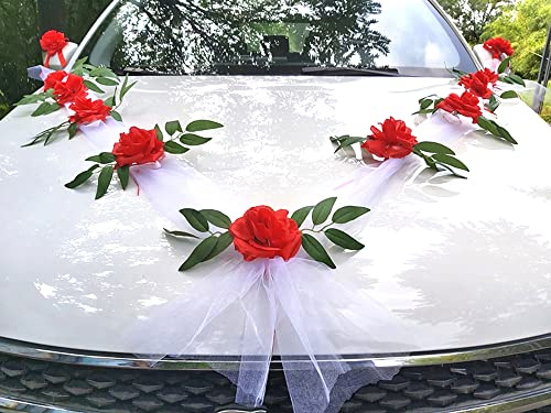 Organza Girlande Auto Schmuck Braut Paar Rosen Hochzeitsdeko Blumenschmuck Autoschmuck Hochzeitsauto Auto Rückspiegel Deko für Hochzeit Auto PKW Wedding New Houses Party Feier,Weiß Tüll+Rot Blume