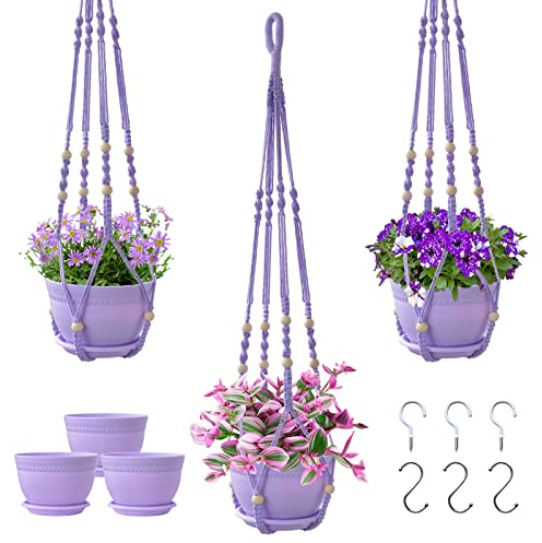 Checrxy Makramee Pflanzenhänger mit Topf, 3 Set Hängende Pflanzgefäße für Zimmerpflanzen, Handgemachtes Baumwollseil Boho Home Decor, Idee Geschenk für jedermann, Töpfe, Teller und Haken (Lila)