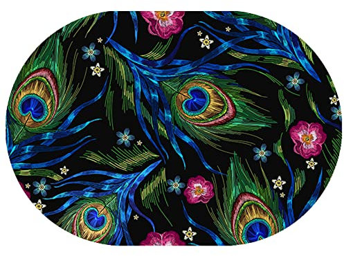 Rururug Teppich Oval Moderner Läufer Orientteppich Kurzflor Flur Schlafzimmer Küche Wohnzimmer rutschfest Waschbar,Blaues grünes gelbes rotes Federmuster, Oval 80 x 150 cm