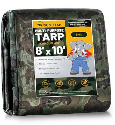 SUNLITAP Camouflage Tarp 8x10Ft Waterproof Tarps with Grommets, Multipurpose Finished Size Tarps for Indoor and Outdoor Use, 5 MIL Light Duty Tarpaulin for Car, Camping, Boat, Roof, Protective Cover