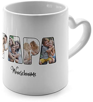 PhotoFancy® - Herztasse 'Papa' - Personalisierte Fototasse mit eigenem Foto und Text - Tasse mit Herz-Henkel selbst gestalten - Weiß