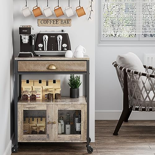 X-cosrack Coffee Bar Cabinet，3 Tiers Kitchen Coffee Cart with Drawer for The Home, Movable Farmhouse Ktichen Station Table on Wheels for Living Room, Entryway, Dining Room, Kitchen