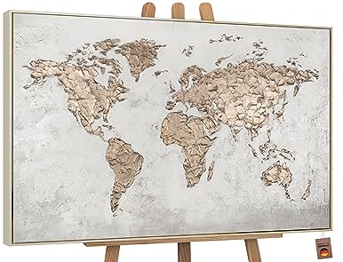 YS Modernes Acryl Gemälde «Weltkarte» handgemalt mit Blattgold verziert, Leinwand auf Keilrahmen mit Rahmen FLT013