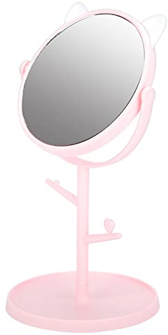 Rotatable Makeup Mirror, Tabletop Vanity Mirror, Desktop Mirror with Cute Cat Ears Shape, Round Cosmetic Mirror for Household and Travel, 5.7 X 11.8 in (cat ears pink)