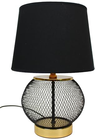 Arnusa Tischlampe schwarz gold rund 25x38 cm mit schwarzem Schirm Nachttischlampe elegante Lampe Tischleuchte E27 ohne Leuchtmittel