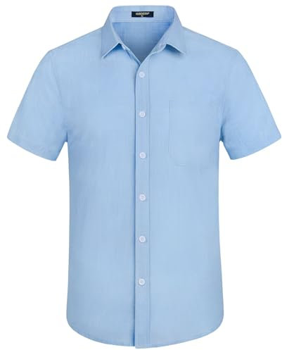HISDERN Mens Short Sleeve Shirts Blue Linen Shirts for Men Casual Button Down Solid Color Shirt Lightweight Summer Beach Shirt with Pocke Regular Fit XL