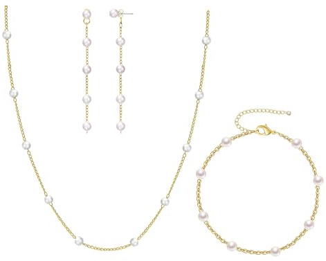 KXIEER Gold Jewelry Set for Women,Dainty 14K Gold Plated Pearl Necklace and Earring Set Pearl Drop Earrings Pearls Bracelets Pearls Choker Necklace Wedding Jewelry for Women Gift
