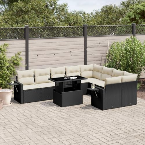 Rantry 10-TLG. Garten-Sofagarnitur mit Kissen Balkonmöbel Gartensofa Gartenmöbel Set Loungesofa Modular Terrassensofa Sitzgruppe mit Tisch Terrassenmöbel Schwarz und Cremeweiß Poly Rattan