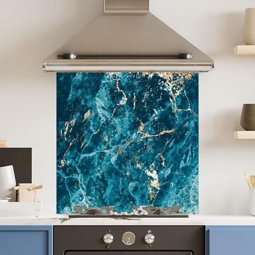 Toughened 6mm Glass Kitchen Splashback 60 x 60cm Dark Blue Gold Marble Polished Heat Resistant Back Splash for Cookers Hob