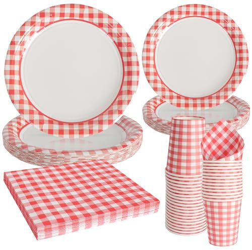 Party Go 96 pezzi di stoviglie di carta con motivo a scacchiera rosso, comprendenti piatti, bicchieri e tovaglioli, adatte per 24 persone