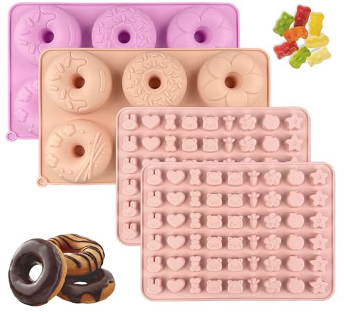 2Pcs Non-Stick Doughnut Mould, 6 Cavity Dishwasher & Microwave Safe Silicone Donut Tray, 2Pcs 54 Cavity BPA Free Gummy Bear Moulds, Bagels Baking Pan, Flexible Donut Baking Mold for Muffin Cupcake