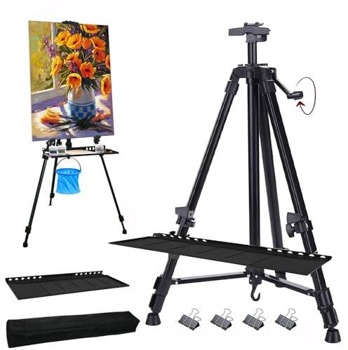 Staffelei Groß 61 Zoll,Verstellbare Atelierstaffelei aus Aluminium 21-61 Zoll,Feldstaffelei Leinwand Ständer Groß mit Tragetasche und Farbwanne,Stativ für Malen und Plakatieren (Schwarz mit Palette)
