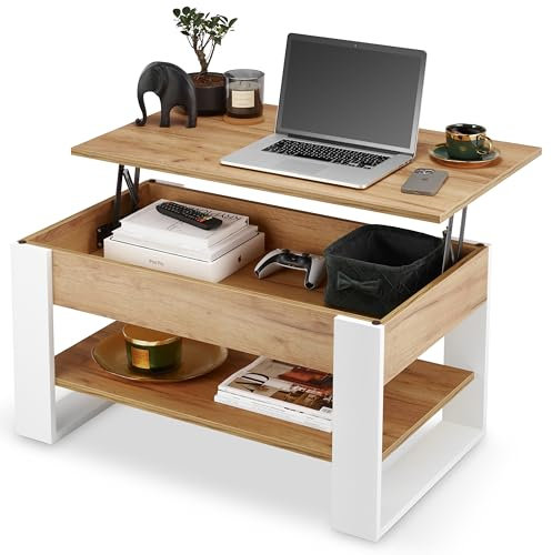 defiPad Couchtisch Höhenverstellbar mit Stauraum | Wohnzimmertisch Klappbar | Höhenverstellbarer Coffee Table | Couchtische Ausziehbar | Wohnzimmer Tisch Eiche (Weiß + Eiche)