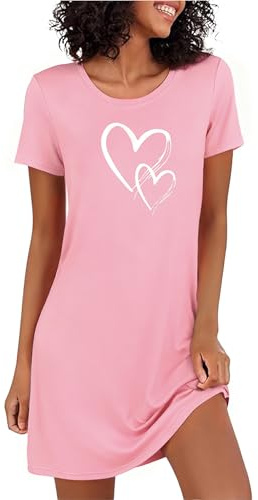 Marvmys nattlinne dam kortärmad sovskjorta bomull tryckt sovskjorta sommar t-shirt sovskjorta kvinnor nattkläder sovklänning, Ljusrosa, L