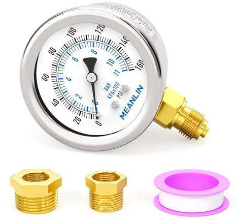 MEANLIN MEASURE 0~160Psi Dry Pressure Gauge Stainless Steel 1/8 BSP 2 FACE DIAL Waterproof for Well Pump Water Tire Water Pressure Tester Lower Mount, with 1/4 BSP and 3/8 BSP Hex Bushing