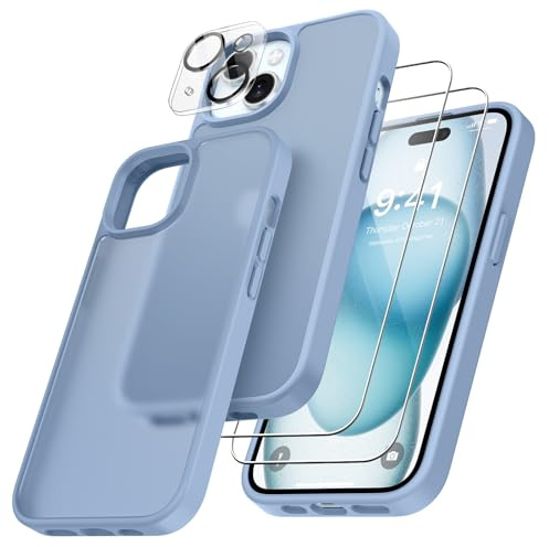 FLLAO 4 in 1 Cover per iPhone 15 Custodia con 2 Pellicola Vetro Temperato e 1 Fotocamera Protettiva, [Cuscino d'aria integrato] Morbido TPU Bumper Protection Cover iPhone 15, Blu
