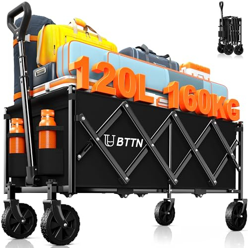BTTN Carro plegable de 120 L, 160 kg, con ruedas silenciosas, para jardín, camping, compras y pícnic, plegable, con ruedas estables, color negro