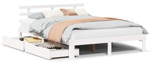 Eleganz Massivholzbett mit Schubladen Weiß 120x200 cm Kiefer - Schlafzimmer Bett mit Stauraum für kleine Räume | Langlebig & Natürlich