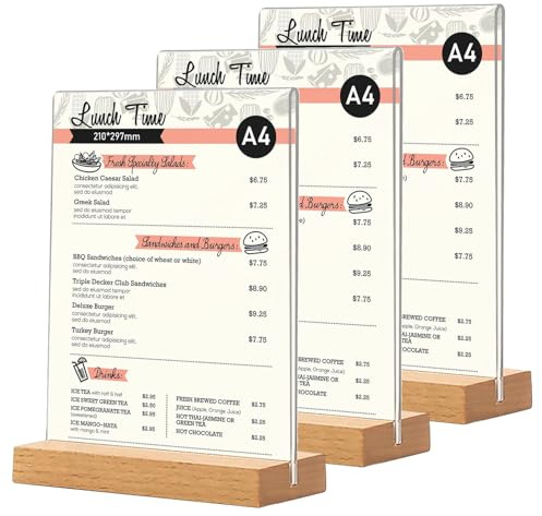 PORFOYO Présentoir de Table Acrylique A4,3 Pièces Support pour Menu Transparent A4 Présentoirs Verticals Double Face,A4 Presentoir avec Base en Bois, Supports de A4 pour Flyers,Photos,Publicités,Menus