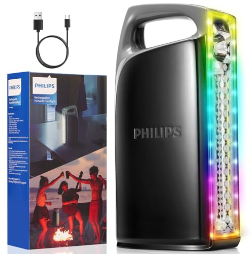 Philips SFL3402 Bright 1000 Lumens Tactical Torch High Lumens,Rechargeable LED Flashlights,4000mAh,3-in-1 Modes (Torch/Camping Light/RGB Ambient),Handheld Flash Light for Emergencies,Camping,Hiking