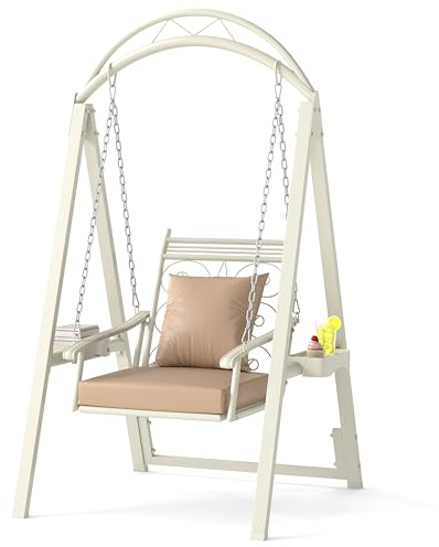 COSTWAY Sedia Sospesa da Esterno, Sedia a Dondolo Singola con Cuscini Removibili e Tavolini Laterali per Giardino, Portata 160 kg, Altalena con Supporto da Esterno ed Interno (Bianco)