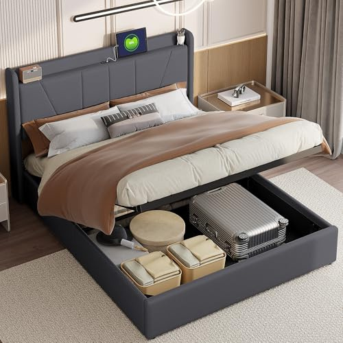 QMTXBYJ Lit Coffre 160x200 avec Sommier à Lattes,Lits Double Rembourré 160x200, Tête de Lit et Port USB,lit Hydraulique avec Rangement, Lits 2 Personnes Cadre de lit en Bois,sans Matelas