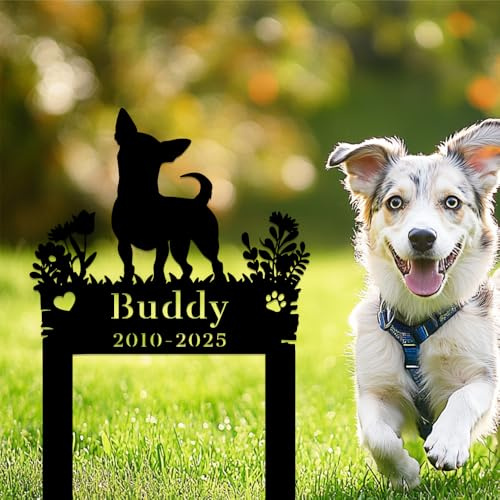 Personalized Chihuahua Dog Memorial Grave Marker Stake,Custom Dogs Name Sign Metal Headstone,Customized Remembrance Gift for Pet Owner Dog Lovers,Pets Burial Plaque for Outdoor Yard Tombstone Cemetery