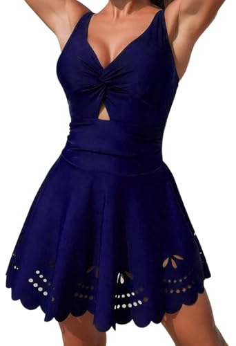DOINEUFL Swim Dresses for Women UK, Tummy Control One Piece Swimming Costume with Skirt, Flattering V Neck Slimming Bathing Suit, Twist Front Ladies Swimwear (L, Navy Blue)