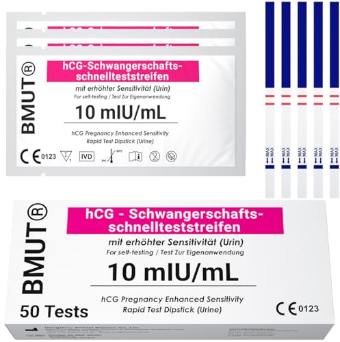Lot de 50 tests de grossesse - 10 mIU/ml - Test précoce très sensible - Détection précoce - Lot de 50 bandelettes de test - Résultats précis et facile à utiliser comme test ultra précoce (auto-test )