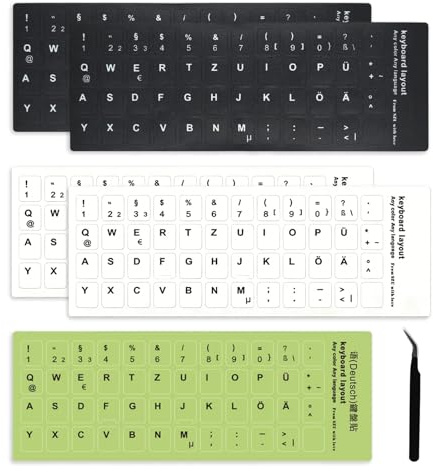 HYRKOTW 5 Pezzi Adesivi per Tastiera con Lettere Tedesche e 1 PCS Pinzetta, Compatibile con PC Portatili e Tastiere Standard(Bianco, Nero, Fosforescente)
