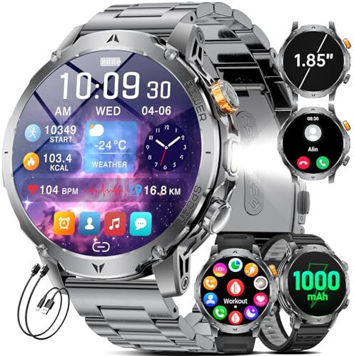 HIRREO EF24 Herren Smartwatch Militär mit LED-Taschenlampe, 1,85 Zoll HD Fitnessuhr, 1000mAh Akku, 100 Sportmodi, IP68 Wasserdicht, 3 Armbänder, USB- und Typ-C-Ladekabel, für Android iOS, Schwarz