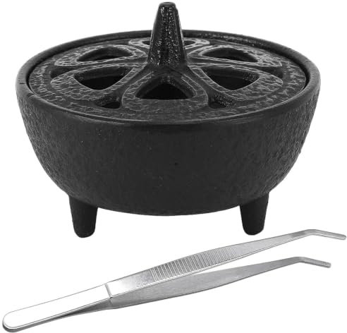 Porte Encens Bâton en Fonte, Brûleur d'Encens avec Couvercle Fleur de Lotus, Cône et Charbon, Encensoir avec Pince à Épiler, Support Encens, Petit Chaudron en Fonte pour la Décoration Intérieure