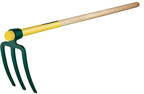 Leborgne, Croc de Jardin, 3 dents Plates, Manche bois percé Certifié PEFC 100%, Largeur 14 cm, Manche 110 cm, Acier Forgé et Trempé, Emmanchement à oeil conique, Protège pointes rangement sécurisé