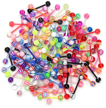 CrazyPiercing Wholesale 14g Acrylic Bar Tongue Rings Barbells Assorted Colors 110 PCS Acrylic Ball