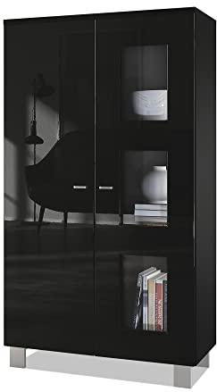 Vladon Vitrine Denjo, Made in Germany, Standvitrine mit 2 Türen und 3 Glaseinsätzen, Schwarz matt/Schwarz Hochglanz (71 x 129 x 35 cm)