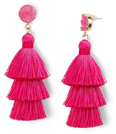 Me&Hz Colorful Layered Tassel Earrings for Women Girls Bohemian Statement Dangle Drop Fringe Stud Earring Hypoallergenic Birthday/Valentines Day Gift, Hot Pink