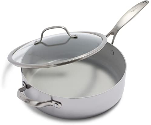 GreenPan Venice Pro Tri-Ply acciaio inox Pentola per Sauté Jumbo da 28cm/4.8 Litri antiaderente in ceramica, Manico e Coperchio, Senza PFAS, Induzione, Lavabile in Lavastoviglie, Forno, Argento