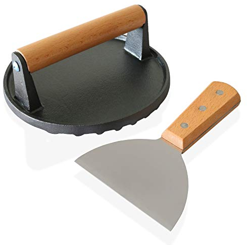 KARESE Round Cast Iron Bacon Press 1.1kg weight comes complete with Spatula, 17.5 cm Round Grill Press with Beech Wood Handle ideal for Bacon, Burger, Grilled Sandwich, Quesadilla and Steak