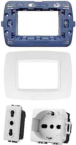 Di Tutto Per Tutti® Set Completo 4 Pezzi Living Light Compatibile | 1 Placca 3 Posti | 1 Supporto 3 Posti | 1 Shuko 2P + T 10/16A 250V | 1 Presa Bipasso 2P+T 16A 250V | Bianco