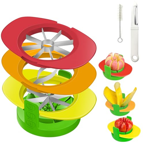 Fruit Cutter Slicer, 4 in 1 Apple Slicer with Vegetable Peeler & Cleaning Brush Mango Cutter Corer Remover Tomato Wedges Stainless Steel Heavy Duty Fruit & Vegetable Cutter Easy Kitchen Tool